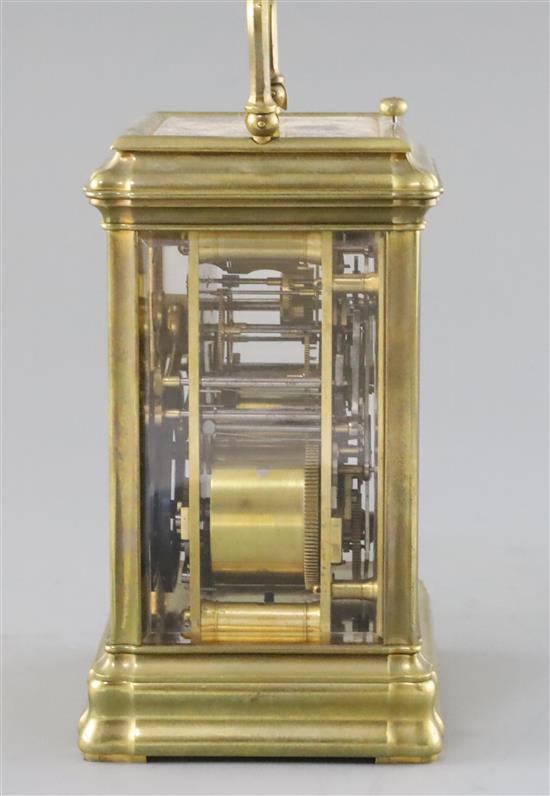 An early 20th century French hour repeating carriage alarum clock, H.6.25in.
